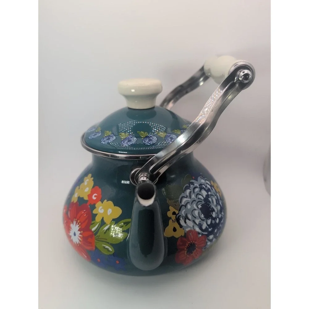 Pioneer Woman Dazzling Dahlias Teal Enamel Stove Top Kettle 1.9qt